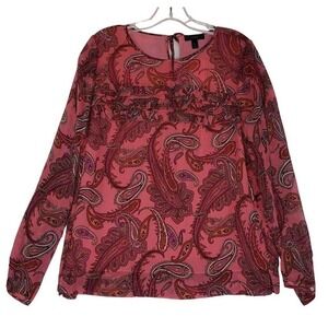J.Crew Paisley Blouse Womens Size 12 Pink Silk Long‎ Sleeve Ruffle Detail Shirt